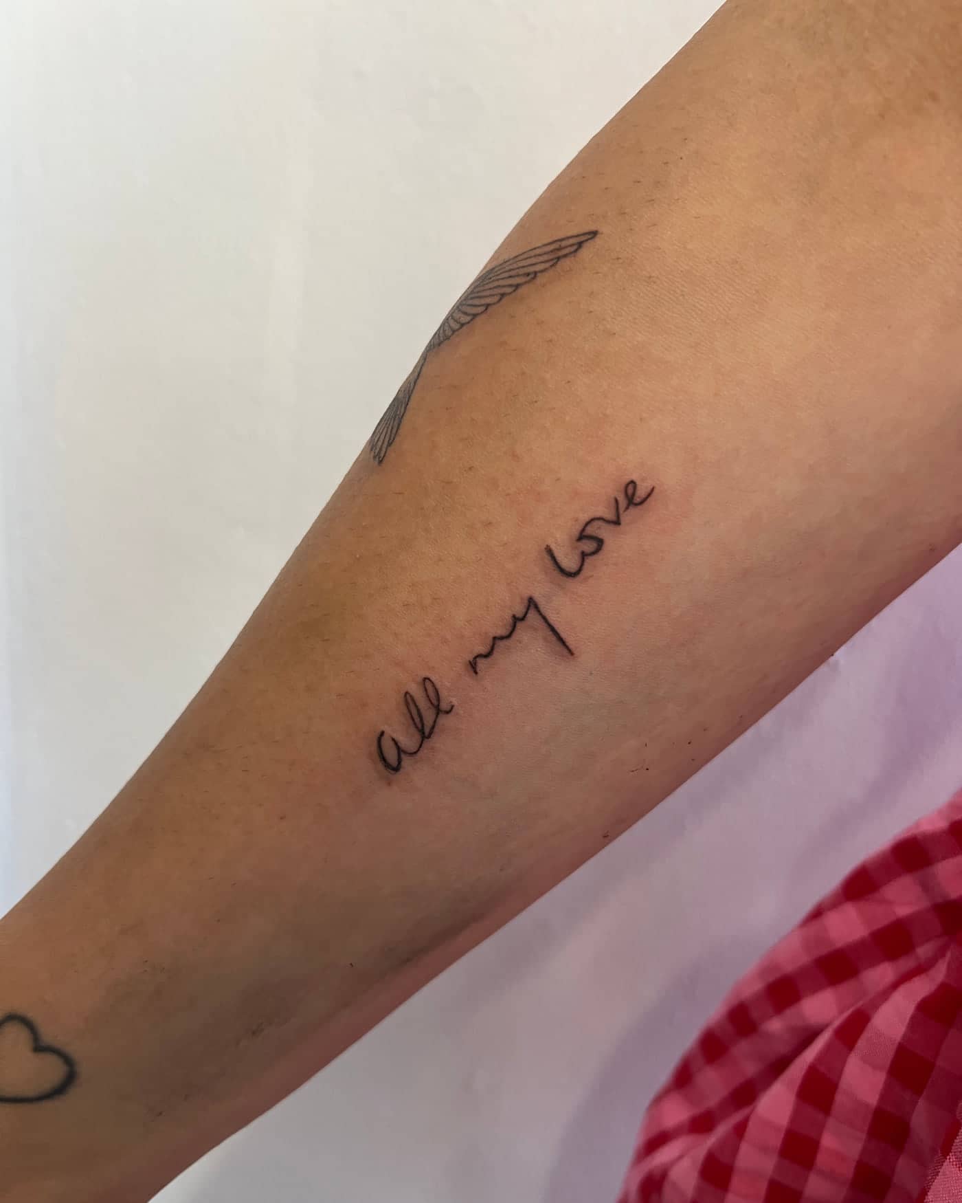 Fine line all my love script tattoo with a small wing on the forearm