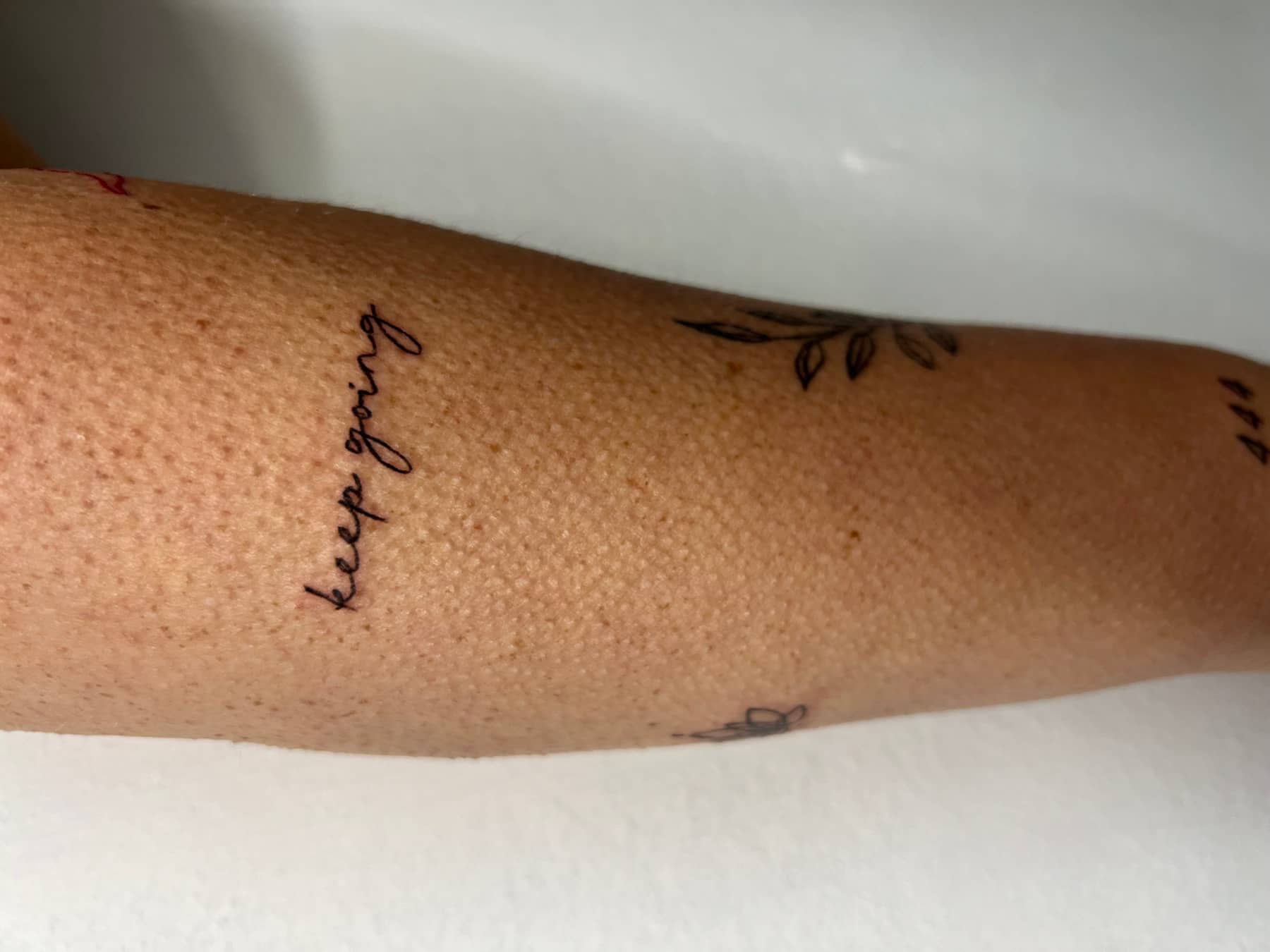 Dainty fine line keep going script tattoo on the arm