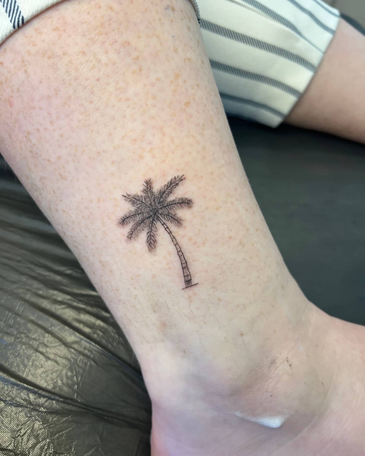 Fine line palm tree tattoo on the lower leg