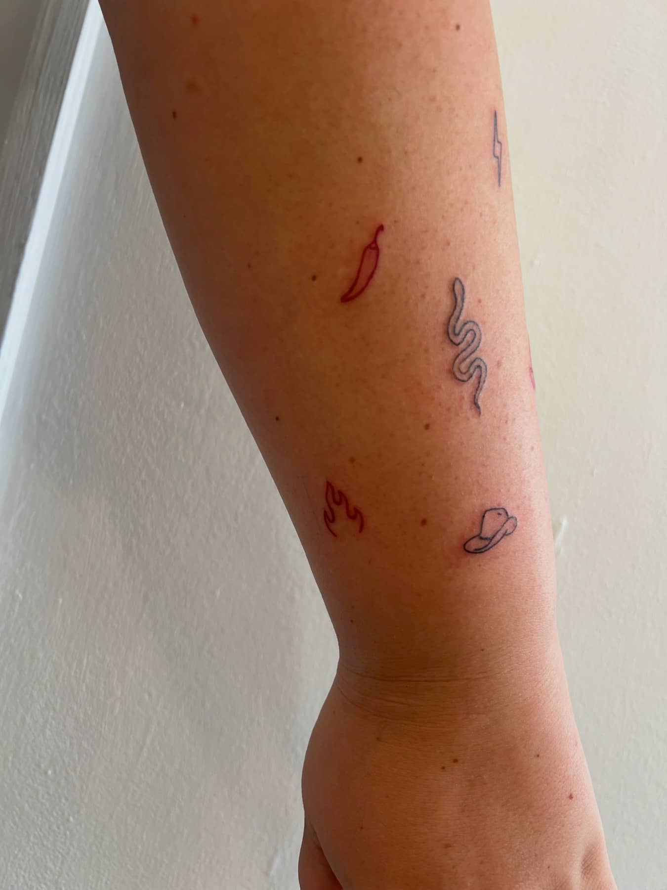 Fine line tattoo set on the arm with red chilli, flame, snake, lightning bolt and cowboy hat