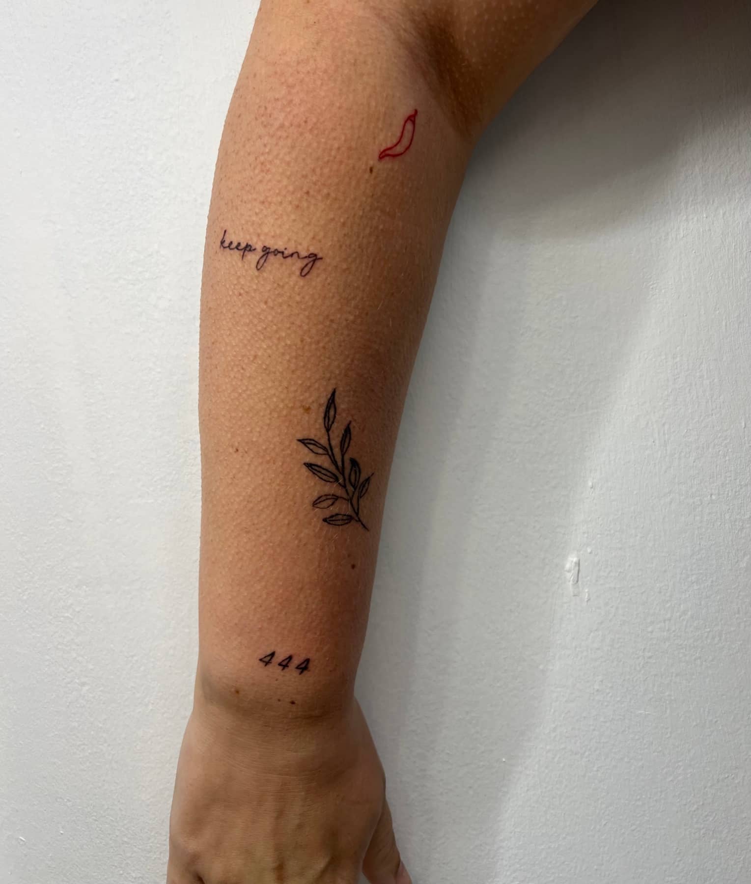 Patchwork fine line arm sleeve with script, botanical linework, 444 number detail and a small red tattoo