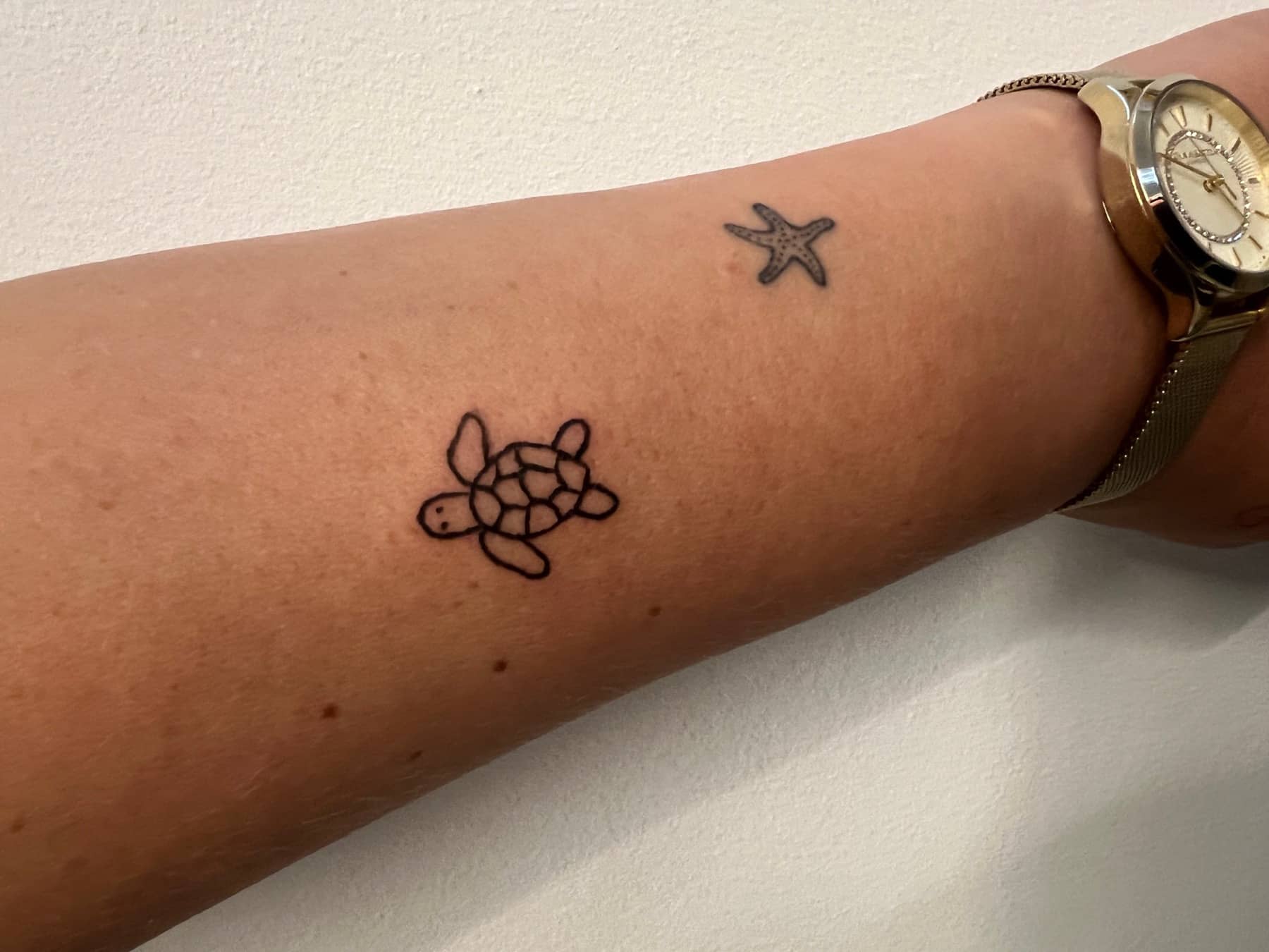 Small turtle fine line tattoo near the wrist